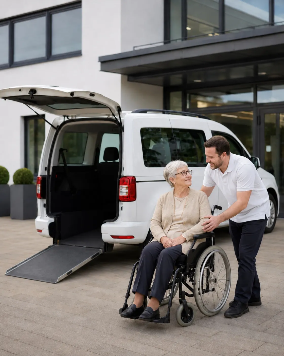 Fahrer hilft einer Seniorin im Rollstuhl beim Einstieg in ein barrierefreies Fahrzeug von Nusi Care